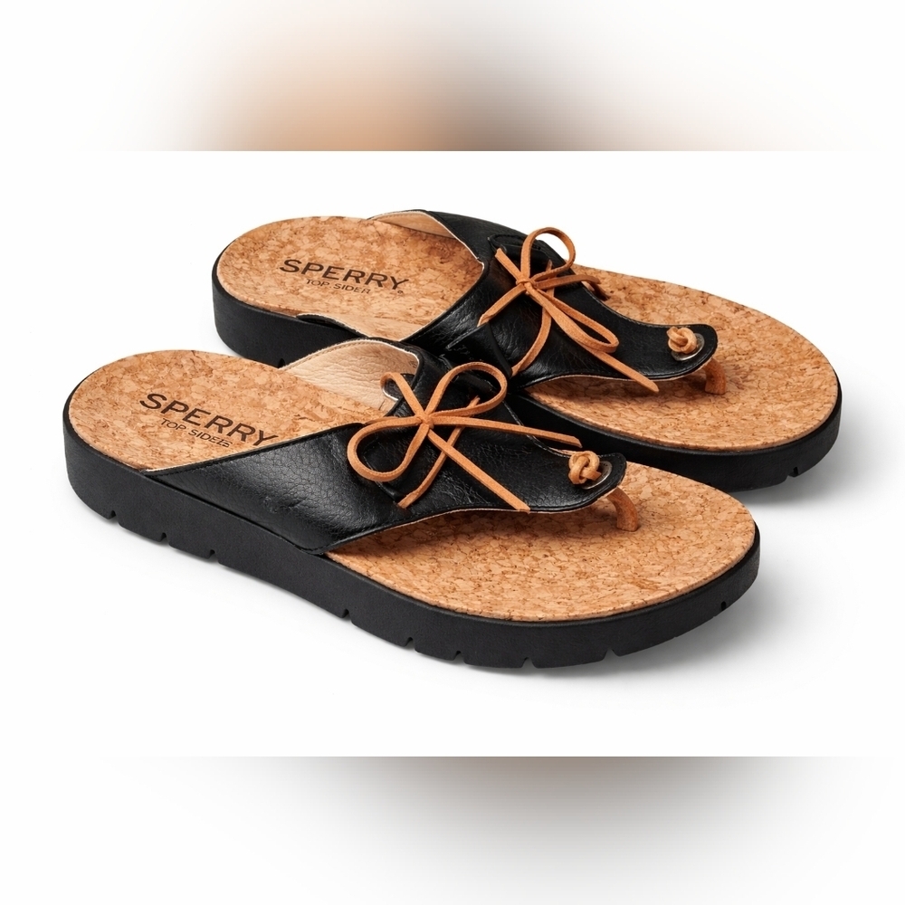 Sperry Top Sider Sandals Womens 5M Black Leather Cork Footbed Thong Flip Flop.